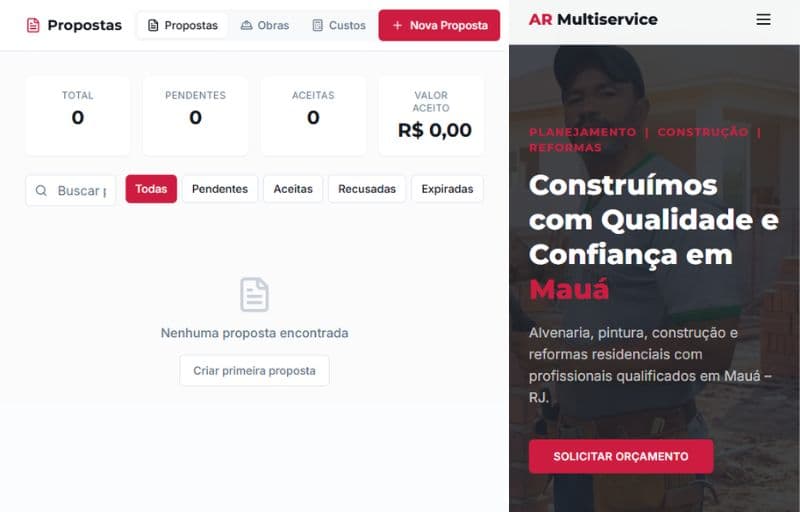 Landing Page, Gerador de Propostas e Gerenciamento de Obras